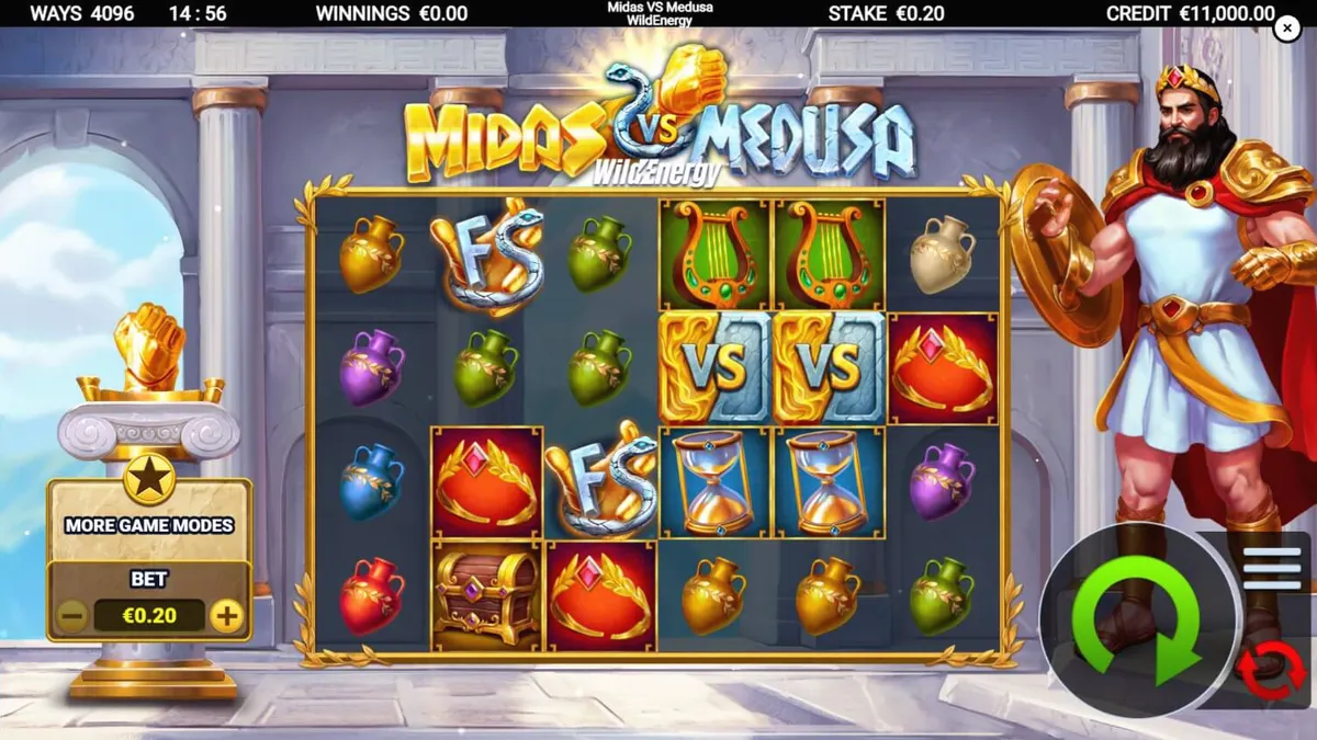Tinjauan slot Midas VS Medusa WildEnergy, menampilkan pertarungan epik antara Midas dan Medusa di gulungan.
