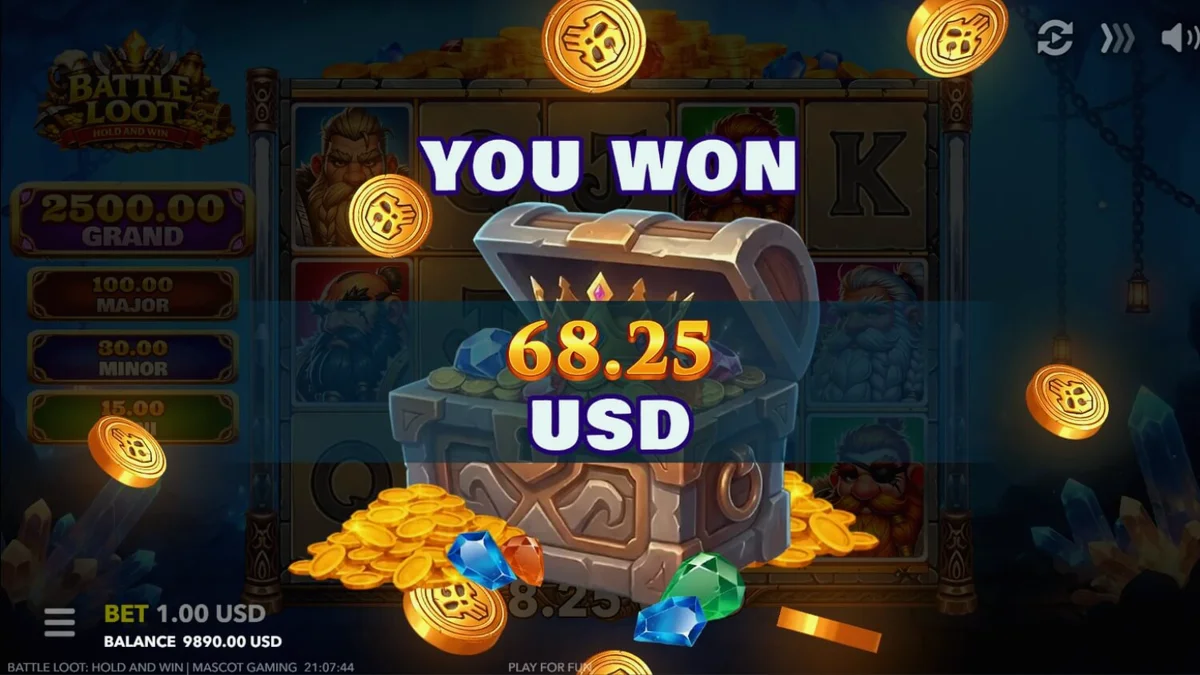 Tampilan visual slot Battle Loot: Hold and Win dengan tema kurcaci dan harta karun